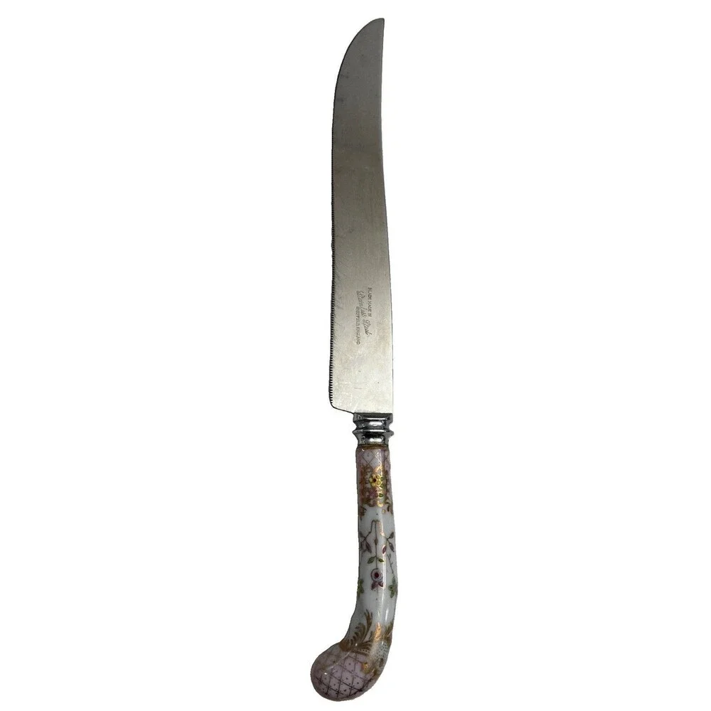 Sheffield England Stainless Steel Floral Cake Knife Cloisonné Porcelain Handle